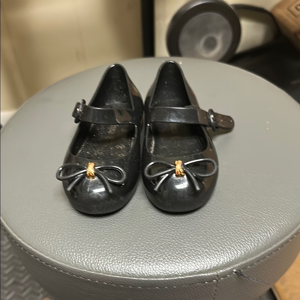 Mini Melissa Black and Gold Dress Shoes with Bow